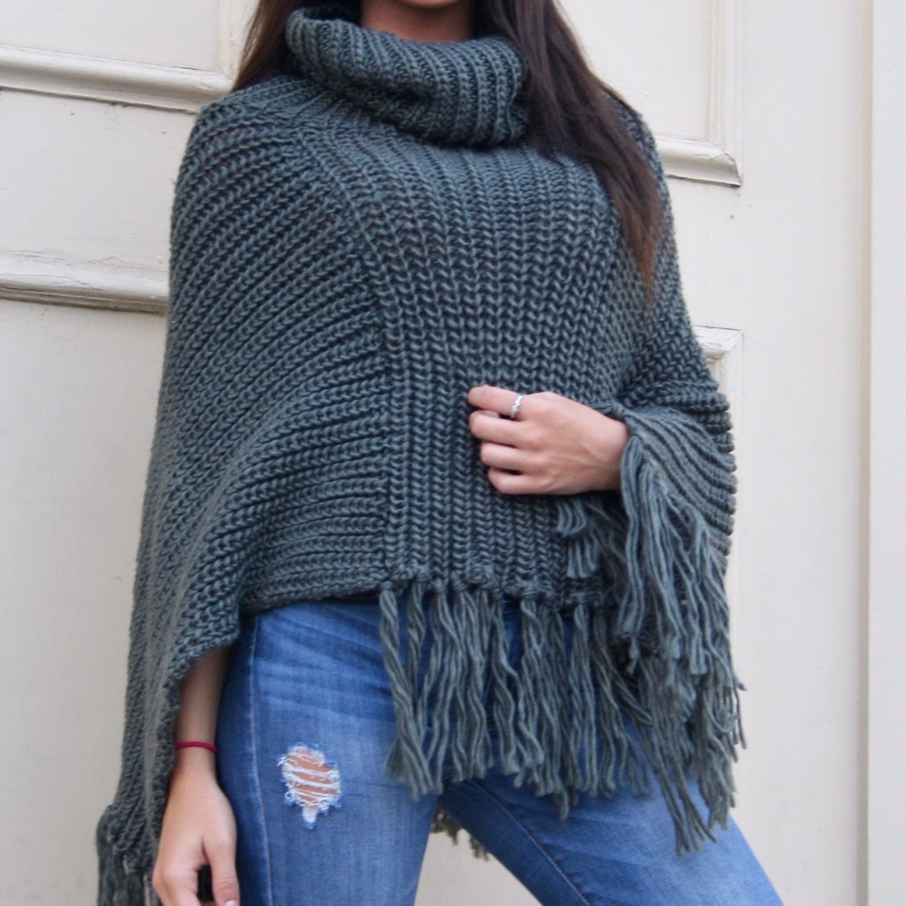 Cowl Neck Fringed Poncho in Olive